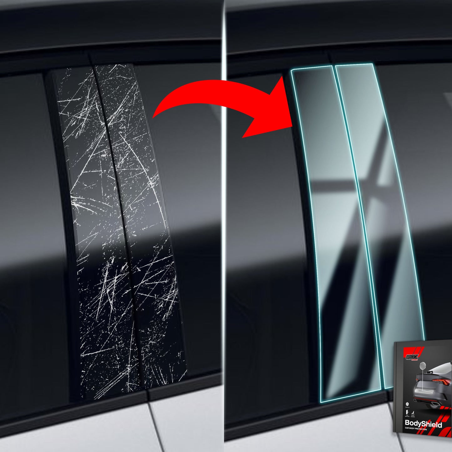Before and after comparison of Audi A4 Avant Sedan ABC pillar protection with BodyShield film.