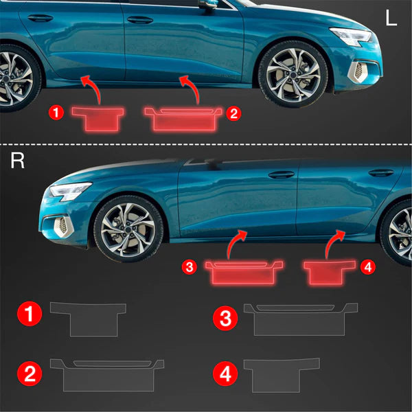Diagram showing installation points for Audi A3 Sportback paint protection film on left and right sides.