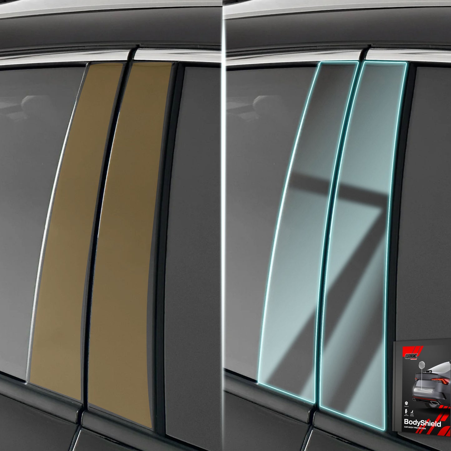 Audi A4 Avant BodyShield PPF comparison showing protective film on ABC pillar, highlighting transparency and scratch protection.