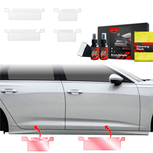 Audi A6 C8 Sedan paint protection film kit with BodyShield products displayed next to a silver car.