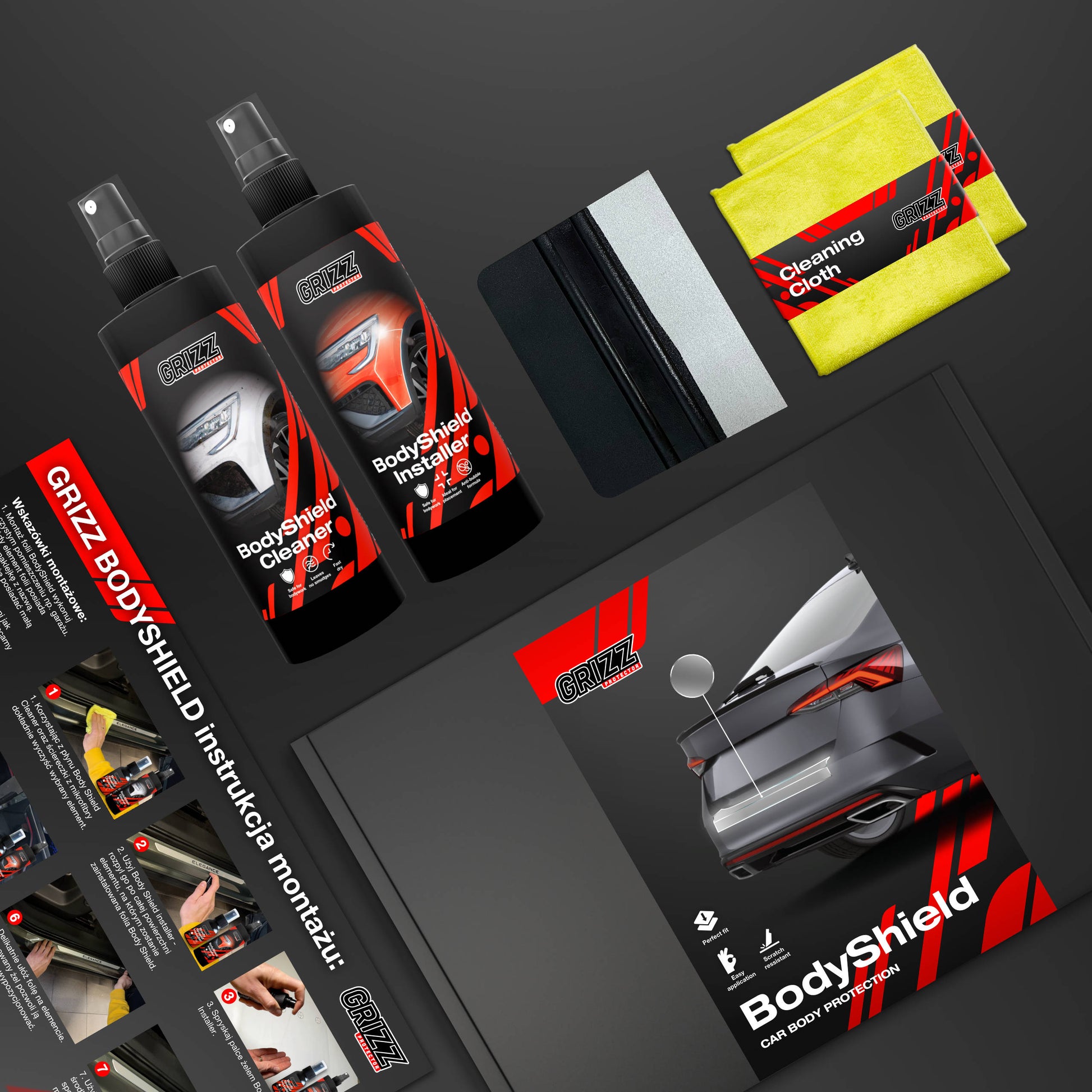 BodyShield cleaning products for Audi A4 Avant, including sprays, cloths, and installation instructions.