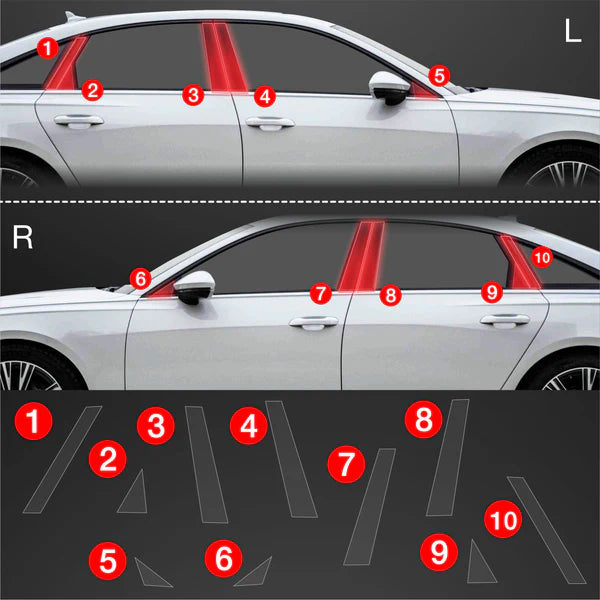 Audi A6 C8 Sedan paint protection film installation guide showing ABC pillar sections and protective film cutouts.