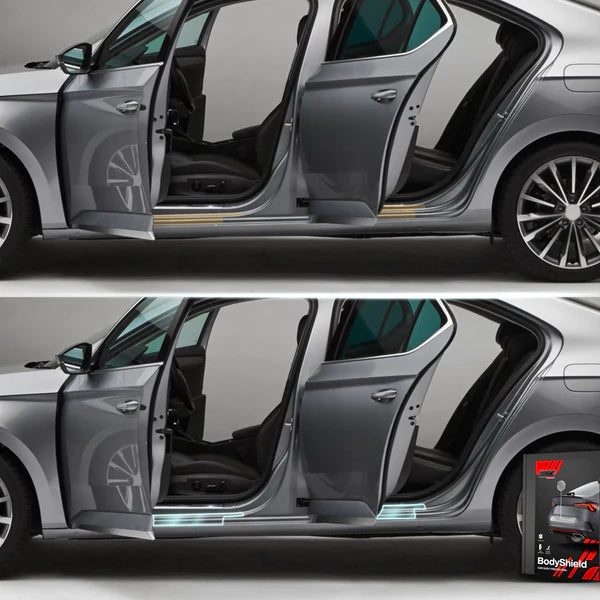 Audi A6 C8 Sedan showing 4in1 TPU paint protection film on door sills before and after application.