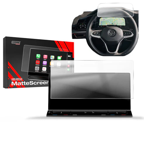 Grizz 2-in-1 Screen Protector for Volkswagen VW Transporter T7 Discover 8" (2024-2025) displaying anti-fingerprint matte finish and installation process.
