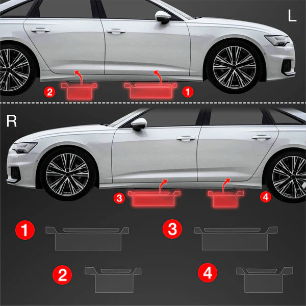 Diagram showing Audi A6 C8 Sedan paint protection film installation points on each side.
