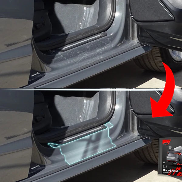 Before and after: Audi A6 C8 Sedan door sill protected by BodyShield TPU film, showcasing scratch removal and protection.