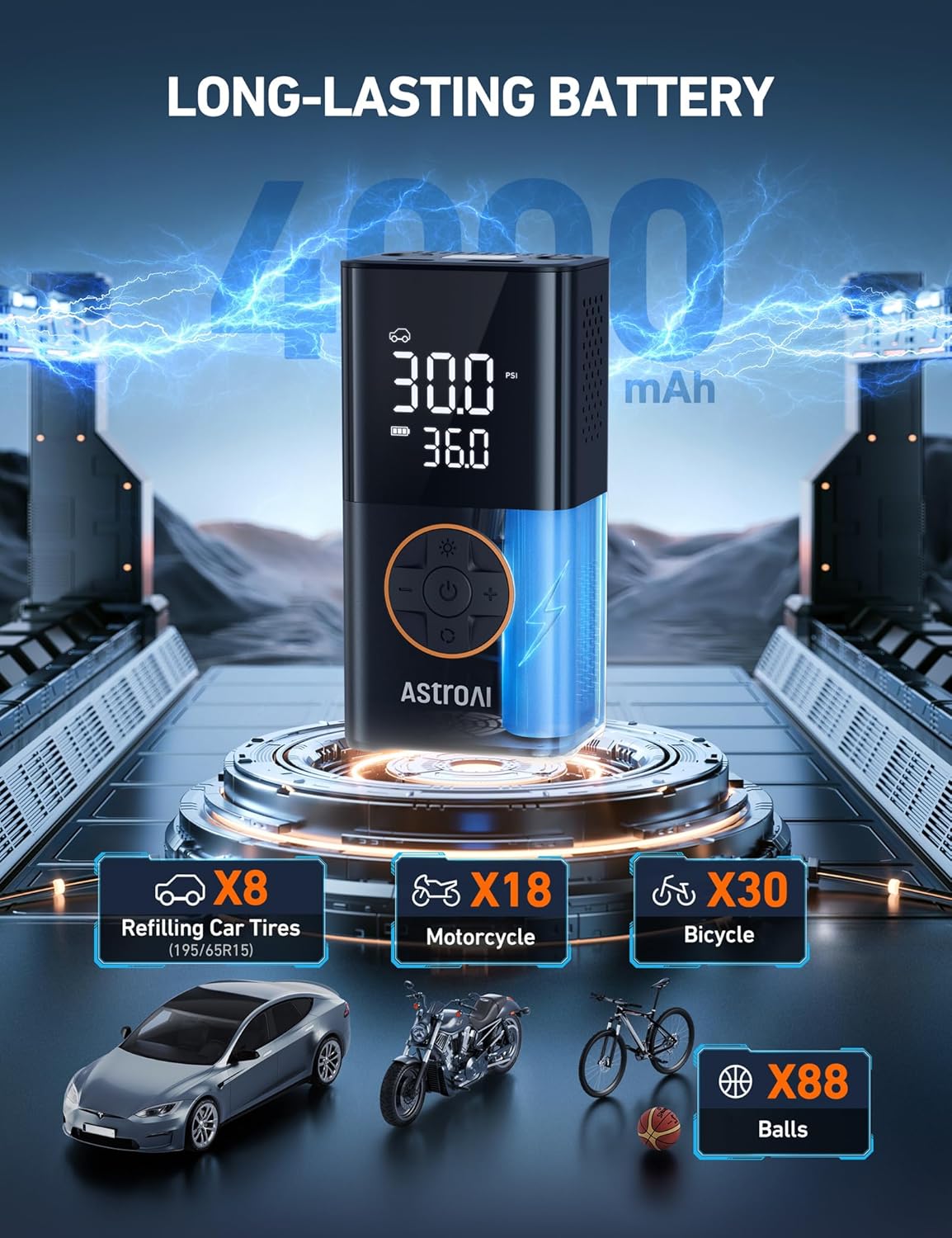 L7 Tire Inflator Portable Air Compressor Cordless Bike Pump with Digital Dual Values Display, 150 PSI Car Tires Pump with LED Lights Air Pump for Cars, Motorcycles, Bikes, Balls