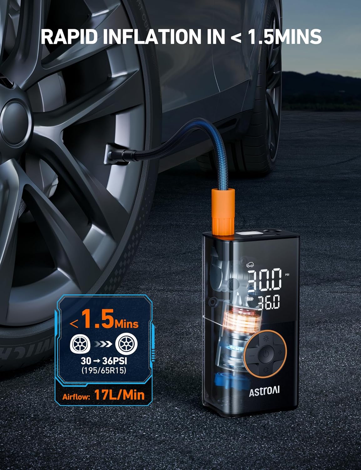 L7 Tire Inflator Portable Air Compressor Cordless Bike Pump with Digital Dual Values Display, 150 PSI Car Tires Pump with LED Lights Air Pump for Cars, Motorcycles, Bikes, Balls