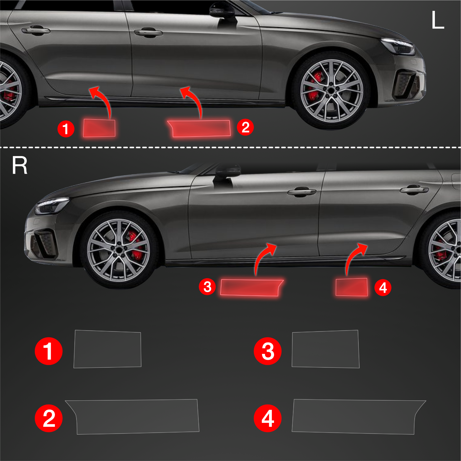 Diagram showing Audi A4 Avant (2019-2024) paint protection film application locations on both sides of the vehicle.