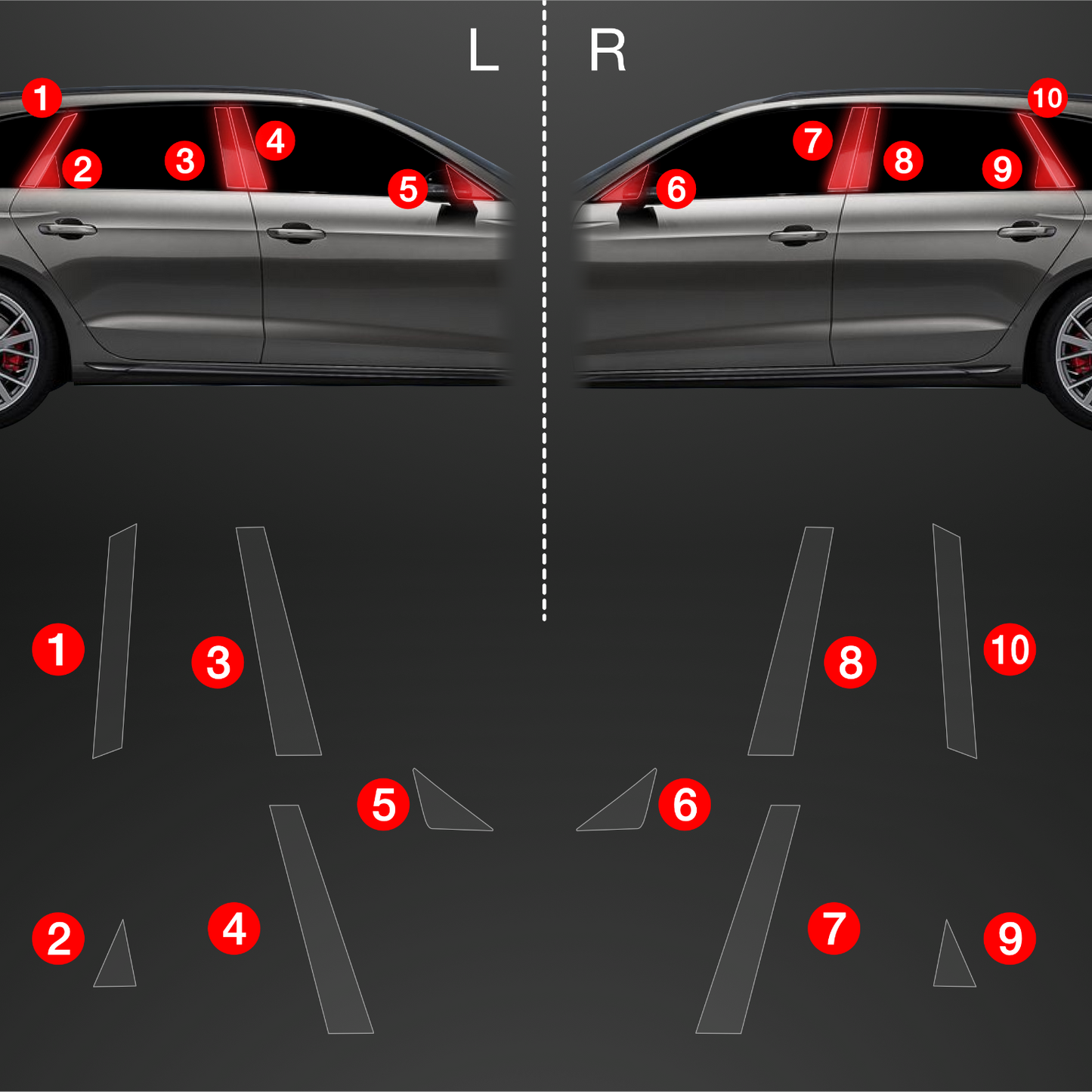 Audi A4 Avant 2019-2024 paint protection film installation guide showing protective film positions.