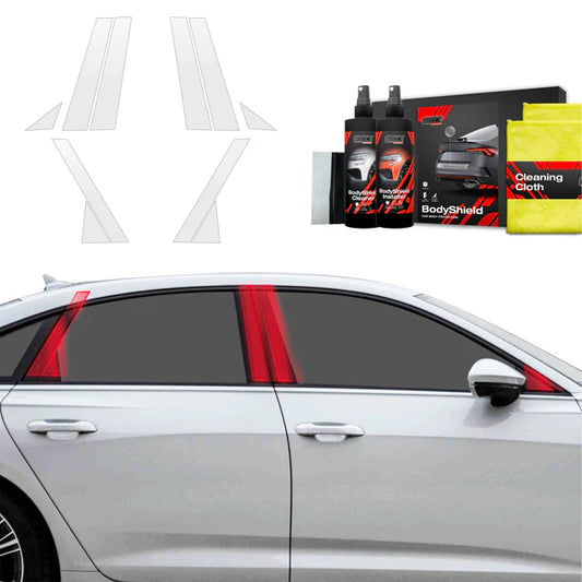 Audi A6 C8 Sedan paint protection film kit with cleaning supplies and installation pieces for ABC pillar.