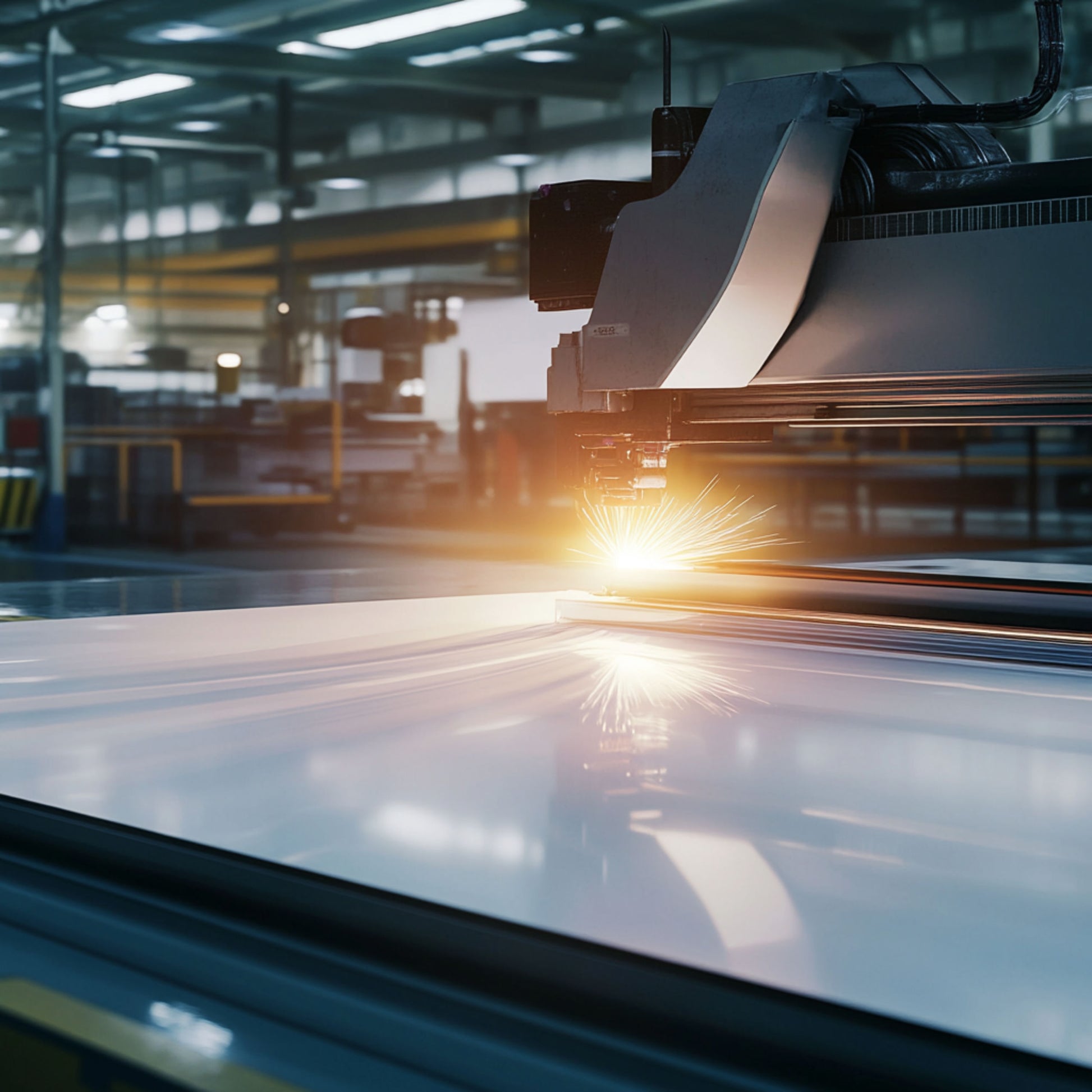 Laser cutting machine in a factory, creating sparks on a metal sheet surface.