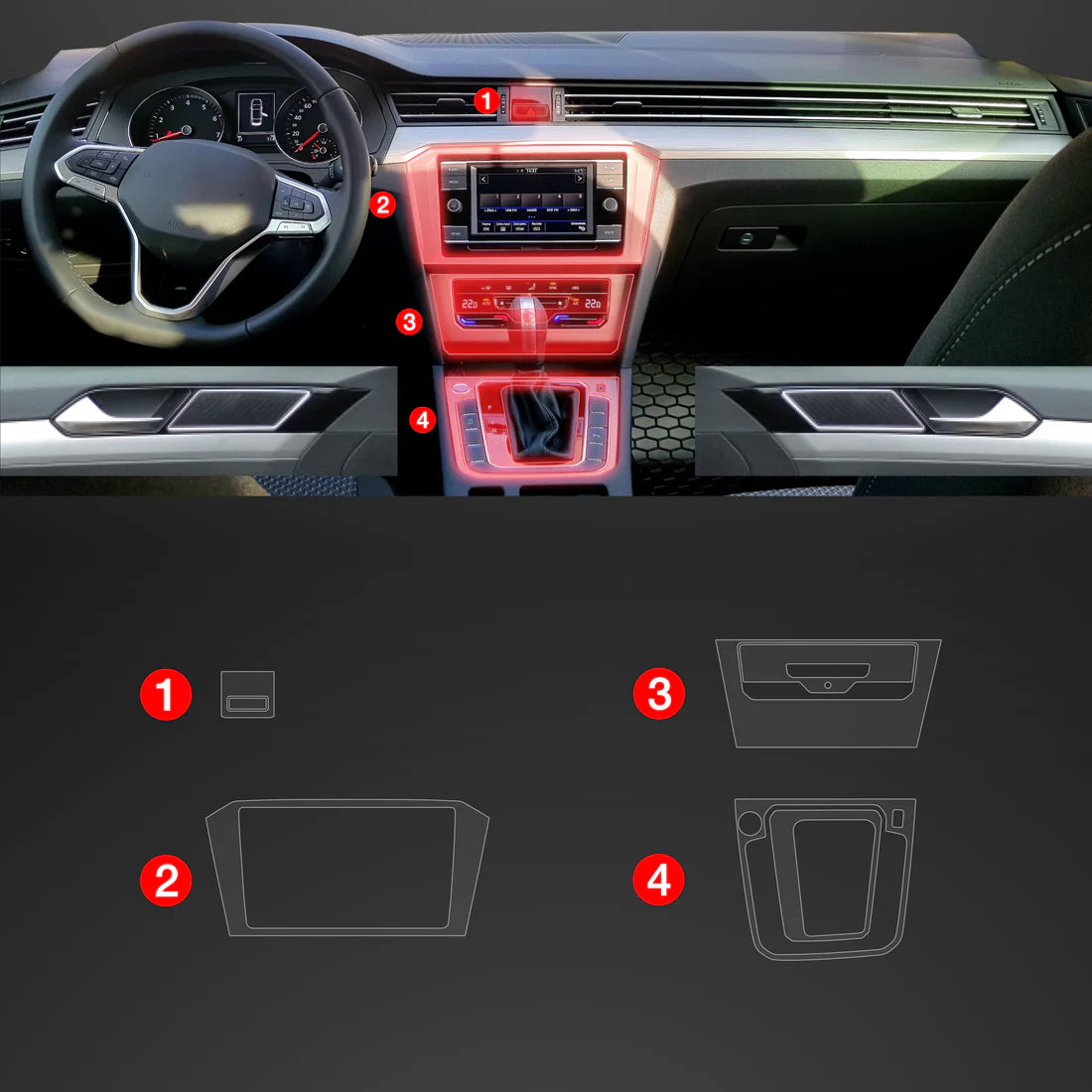 4in1 Center Console Screen Protector for Volkswagen VW Passat B8 - Easy installation with included mounting materials.