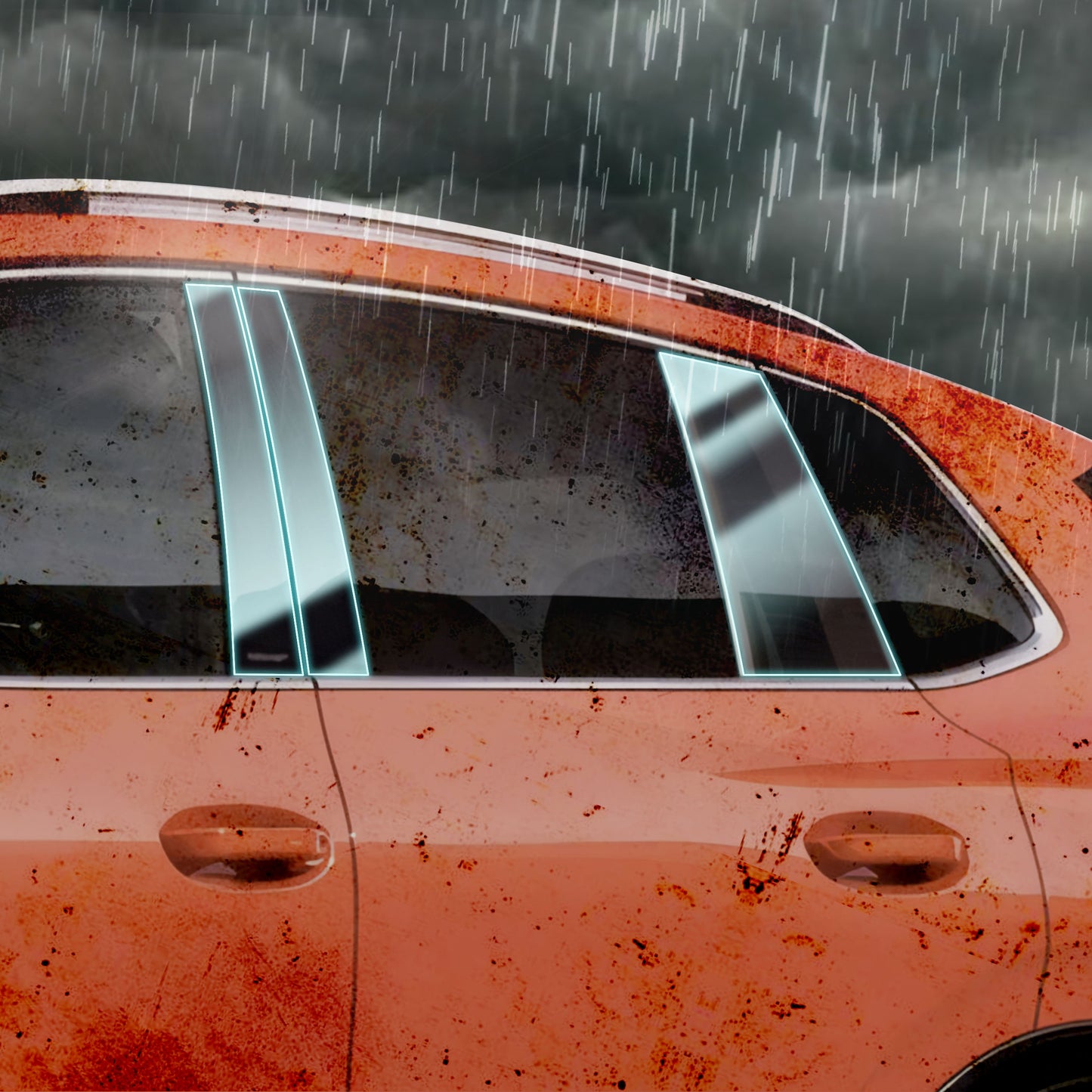 Audi A4 Avant Sedan with TPU paint protection film on ABC pillar during rainy weather.