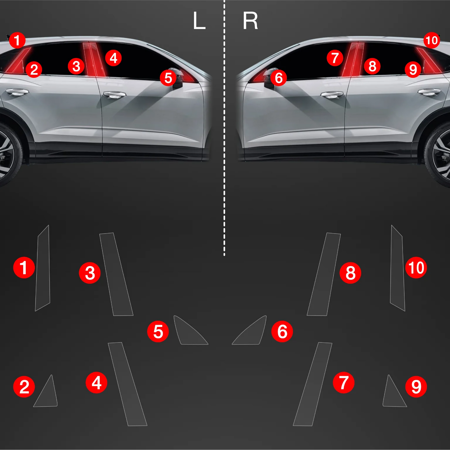 Audi Q3 2018-2024 paint protection film installation guide showing both sides and component layout.