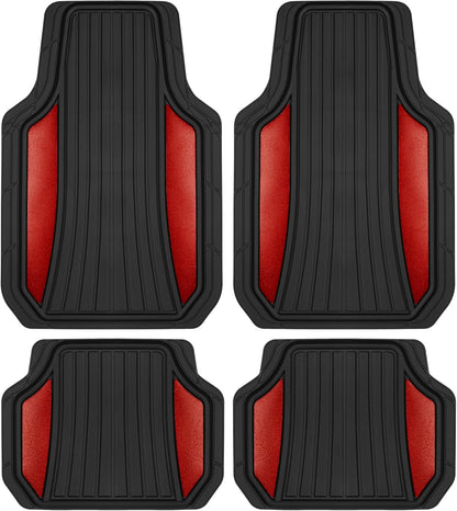 Motor Trend Chrometech Car Floor Mats Full Set - Durable Rubber Floor Mats for Cars with Two Tone Accent, All Weather Interior Protection for Front and Rear with Non-Slip Backing, Red Chrome