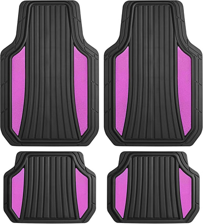 Motor Trend Chrometech Car Floor Mats Full Set - Durable Rubber Floor Mats for Cars with Two Tone Accent, All Weather Interior Protection for Front and Rear with Non-Slip Backing, Black & Pink