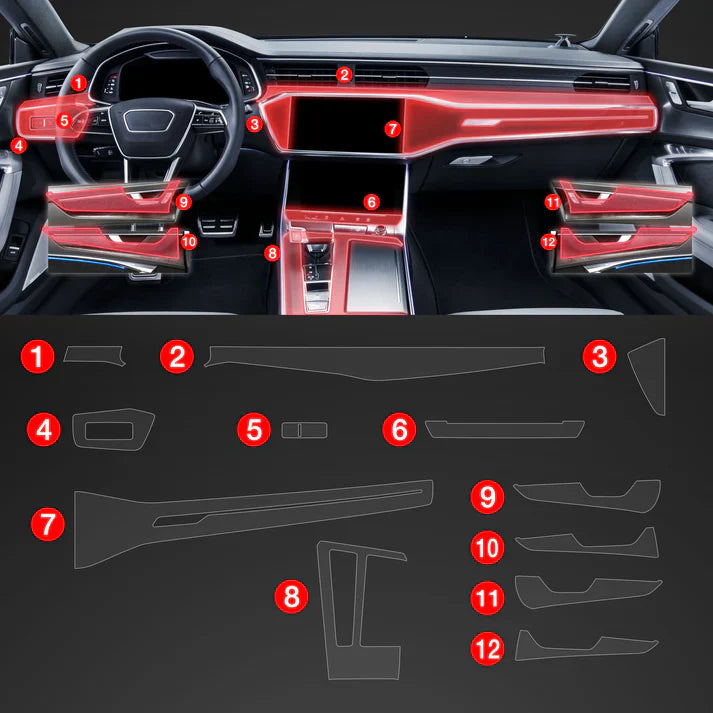 Película protectora 12 en 1 para Audi A7 C8 (2018-2024), interior de consola central, resistente a arañazos, TPU y antihuellas.