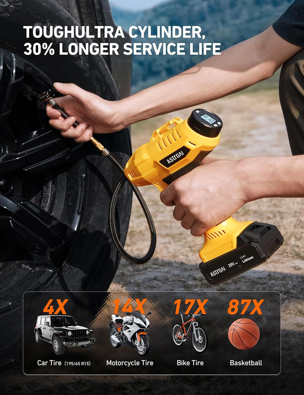 Cordless Tire Inflator Air Compressor Yellow and Cigarette Lighter Extension Cord 12Ft/12V/120W/15A