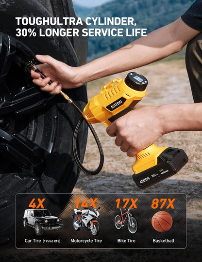 Cordless Tire Inflator Air Compressor Yellow and Cigarette Lighter Extension Cord 12Ft/12V/120W/15A