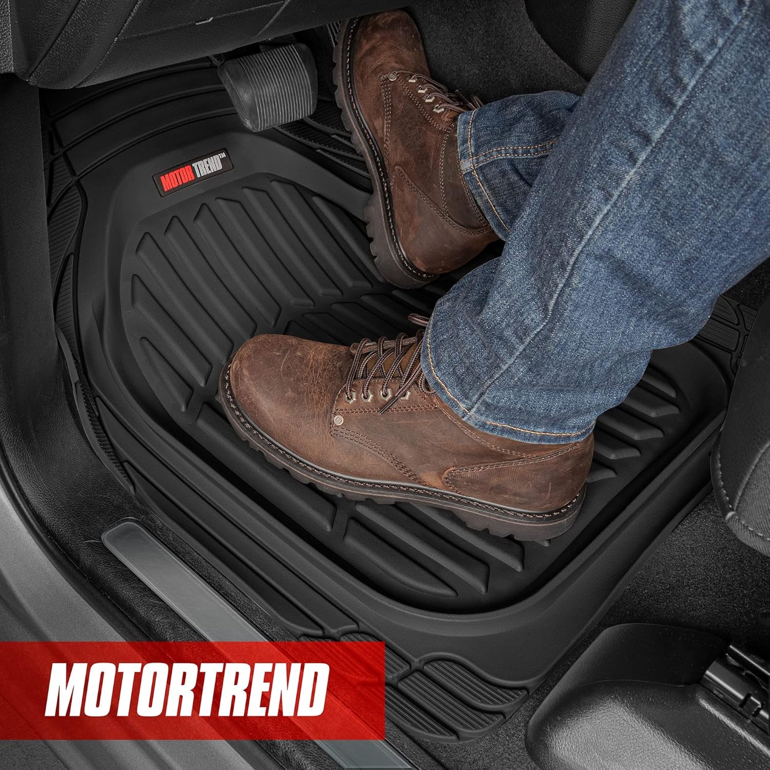 Motor Trend MT-921-BK Flextough Tortoise - Heavy Duty Rubber Floor Mats for Car SUV Van & Truck - All Weather Protection - Deep Dish (Black)