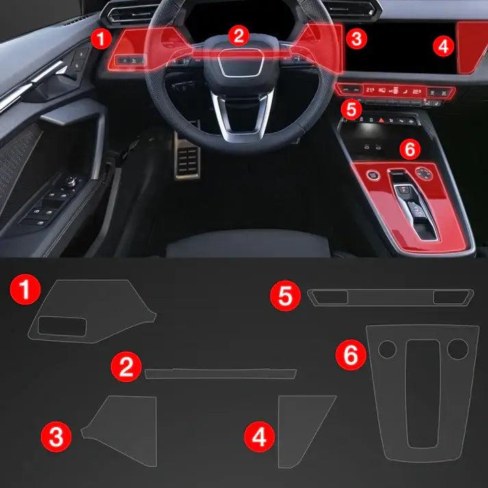 6in1 Car Interior Center Console Scratch-Resistant TPU Anti-Fingerprint Protective Film for Audi S3 8Y (2020-2024) Matt