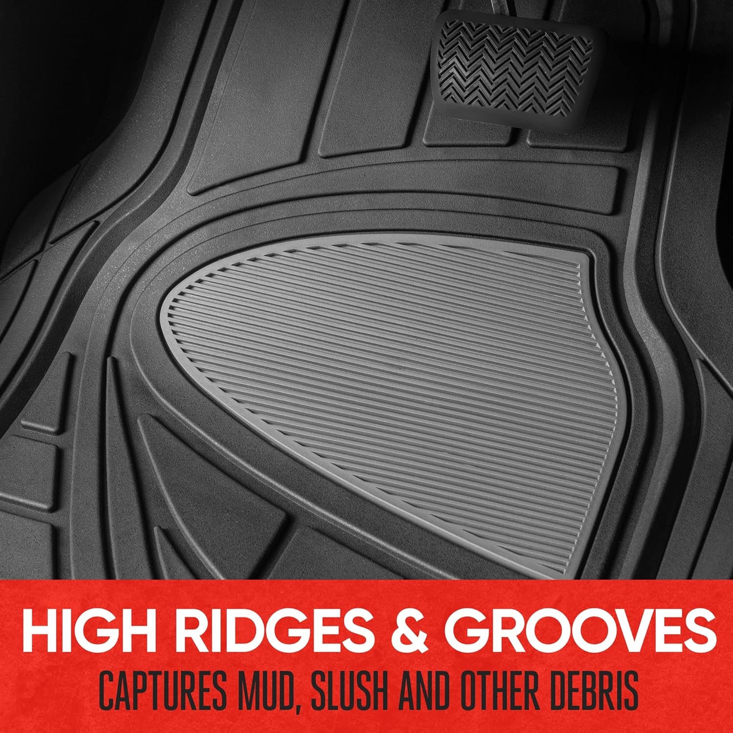 Two-Tone Black/Beige Focus Rubber Car Floor Mats for Autos SUV Truck & Van - All-Weather Waterproof Protection Front & Rear Liners, Trim to Fit Most Vehicles