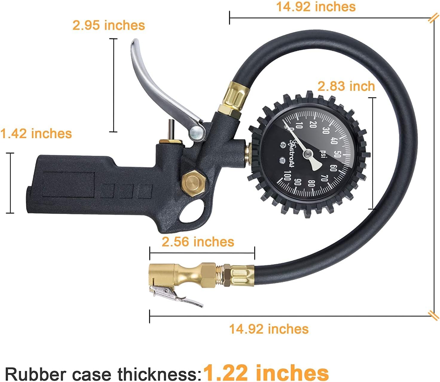 Tire Pressure Gauge with Inflator, 100 PSI-ANSI B40.1 Accurate, Large 2.5" Easy Read Glow Dial, Heavy Duty Air Chuck and Compressor Accessories with Rubber Hose and Quick Connect Coupler