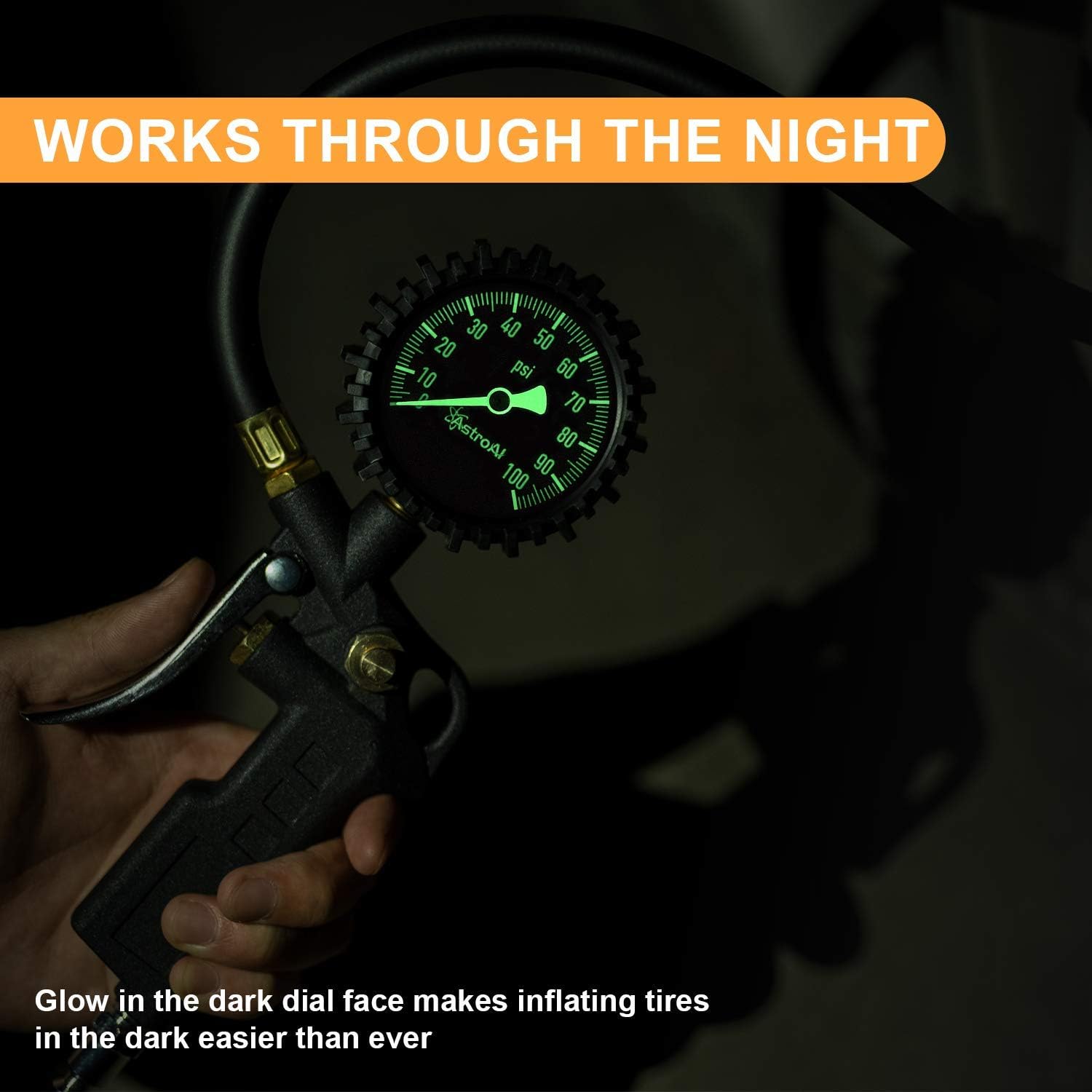Tire Pressure Gauge with Inflator, 100 PSI-ANSI B40.1 Accurate, Large 2.5" Easy Read Glow Dial, Heavy Duty Air Chuck and Compressor Accessories with Rubber Hose and Quick Connect Coupler