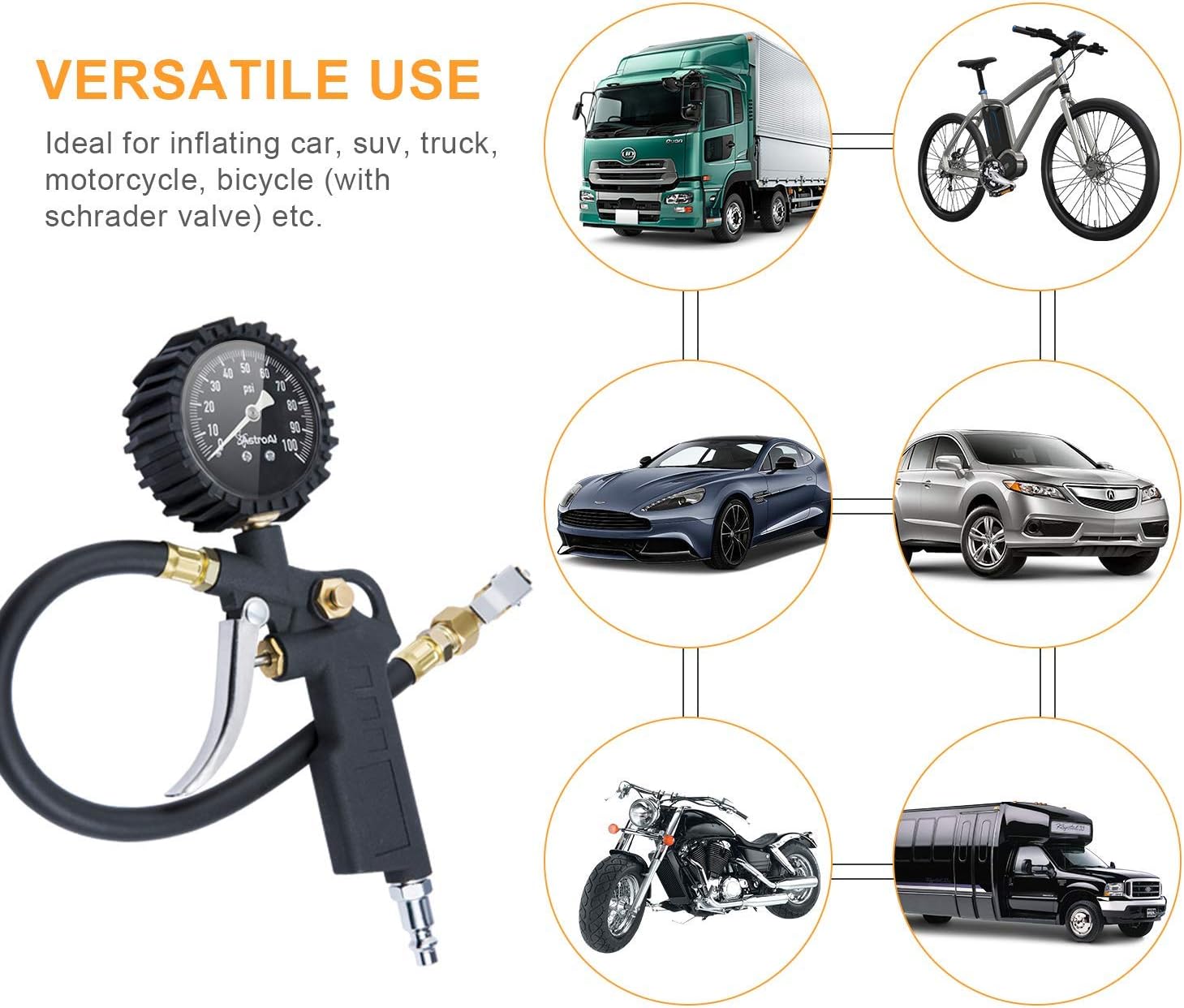 Tire Pressure Gauge with Inflator, 100 PSI-ANSI B40.1 Accurate, Large 2.5" Easy Read Glow Dial, Heavy Duty Air Chuck and Compressor Accessories with Rubber Hose and Quick Connect Coupler