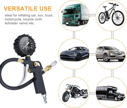 Tire Pressure Gauge with Inflator, 100 PSI-ANSI B40.1 Accurate, Large 2.5" Easy Read Glow Dial, Heavy Duty Air Chuck and Compressor Accessories with Rubber Hose and Quick Connect Coupler
