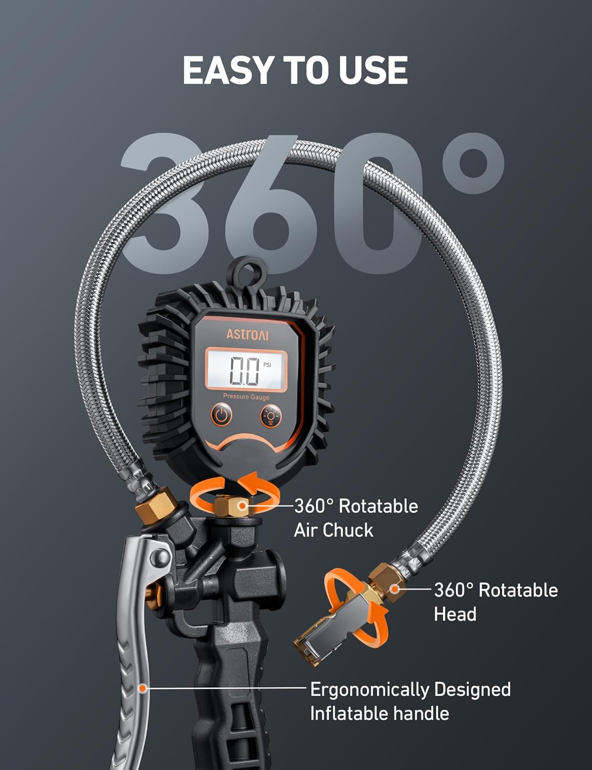 Digital Tire Pressure Gauge, Heavy Duty Tire Inflator Gauge 250PSI Air Chuck Compressor Accessories with Stainless Braided Hose, Rotatable Dial&Quick Connect Coupler for Truck/Rv/Suv