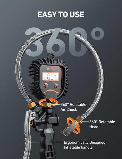 Digital Tire Pressure Gauge, Heavy Duty Tire Inflator Gauge 250PSI Air Chuck Compressor Accessories with Stainless Braided Hose, Rotatable Dial&Quick Connect Coupler for Truck/Rv/Suv