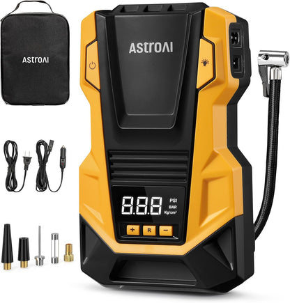 AC/DC Tire Inflator Portable Air Compressor for Car, Air Pump for Car Tires, Car Accessories 150PSI with LED Light for Cars, Balls, Motorcycles, and Other CZK-3666 Yellow