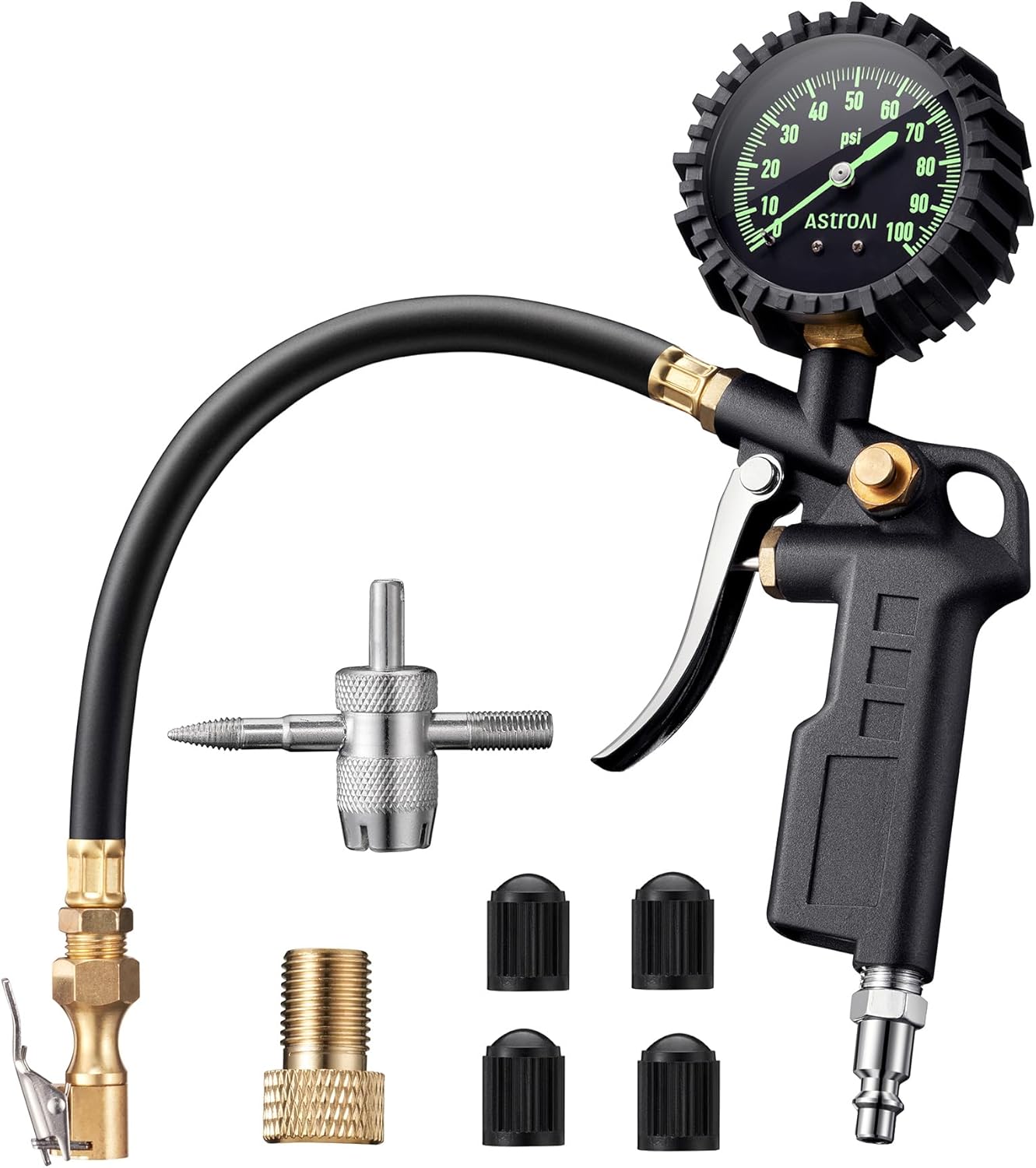 Tire Pressure Gauge with Inflator, 100 PSI-ANSI B40.1 Accurate, Large 2.5" Easy Read Glow Dial, Heavy Duty Air Chuck and Compressor Accessories with Rubber Hose and Quick Connect Coupler