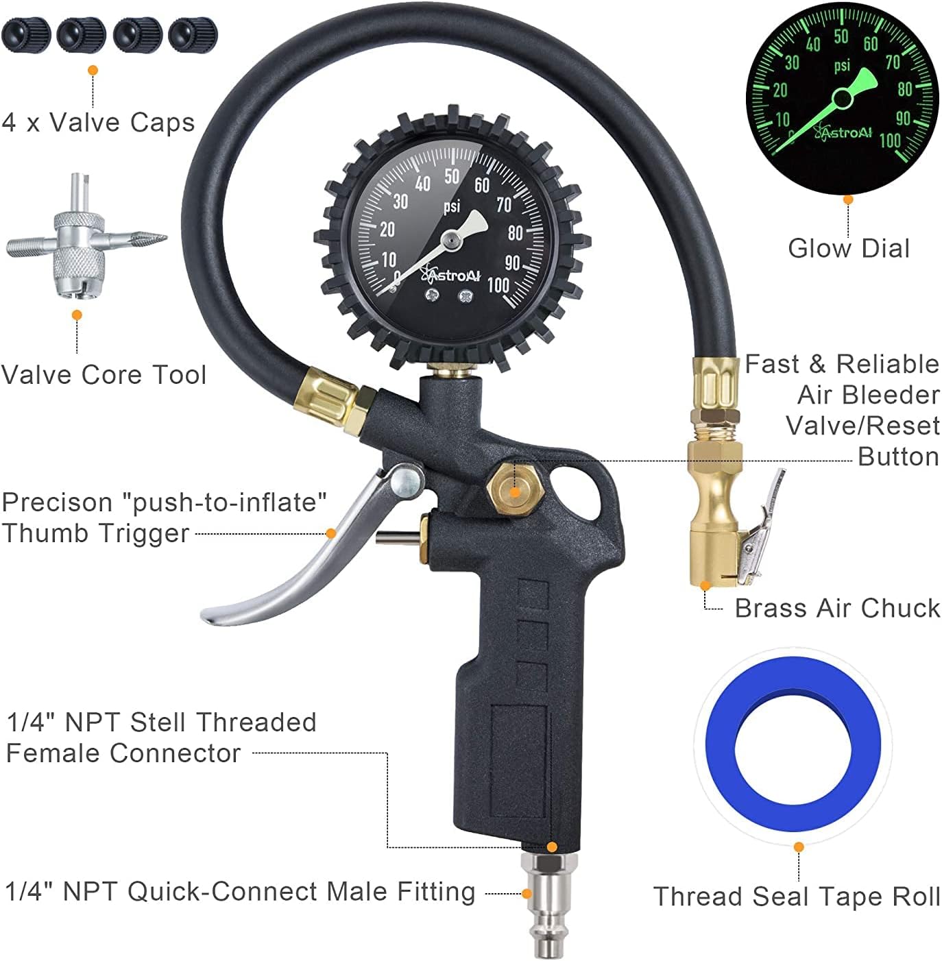 Tire Pressure Gauge with Inflator, 100 PSI-ANSI B40.1 Accurate, Large 2.5" Easy Read Glow Dial, Heavy Duty Air Chuck and Compressor Accessories with Rubber Hose and Quick Connect Coupler