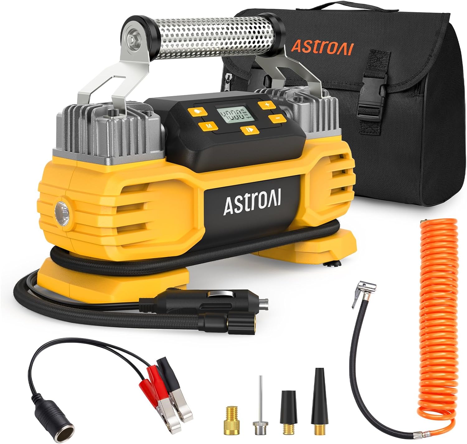 Portable 160 PSI DC Heavy Duty Tire Inflator Pump Auto Shutoff with Screen, Dual Cylinders & Dual Motors, 12V Air Compressor for Suvs, Rvs, Orvs, Cars, Air Mattresses, Etc. Yellow