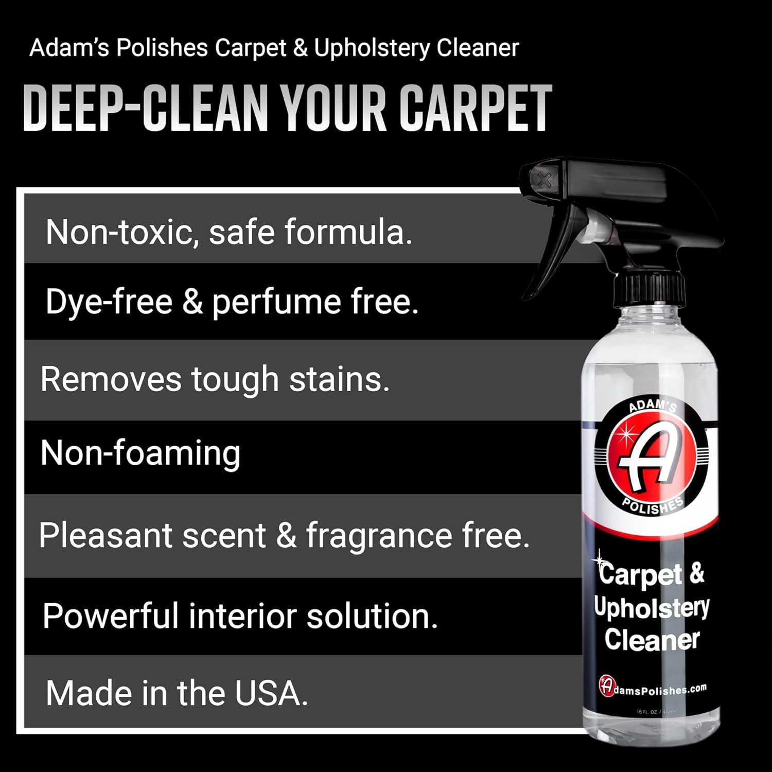 Carpet & Upholstery Cleaner (16Oz) - Powerful Car Carpet Cleaner for Auto Detailing, Cloth & Fabric Interior Cleaning Solution, Stain Remover for Car Seat, Floor Mats & More