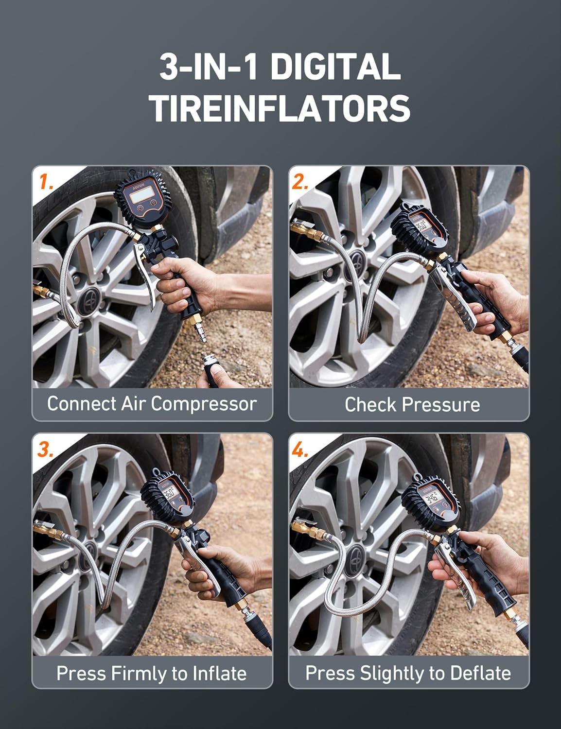 Digital Tire Pressure Gauge, Heavy Duty Tire Inflator Gauge 250PSI Air Chuck Compressor Accessories with Stainless Braided Hose, Rotatable Dial&Quick Connect Coupler for Truck/Rv/Suv