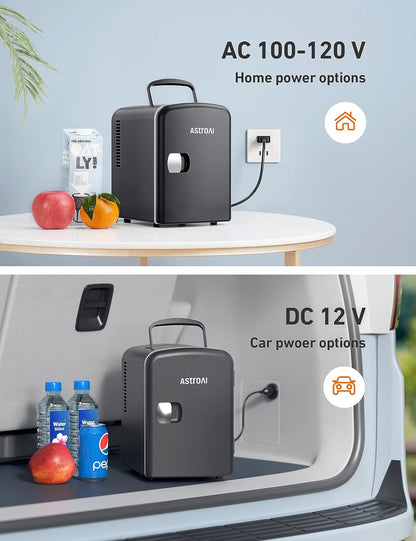 Mini Fridge, 4 Liter/6 Can AC/DC Portable Thermoelectric Cooler Refrigerators for Skincare, Beverage, Food, Home, Office and Car, ETL Listed (Black)