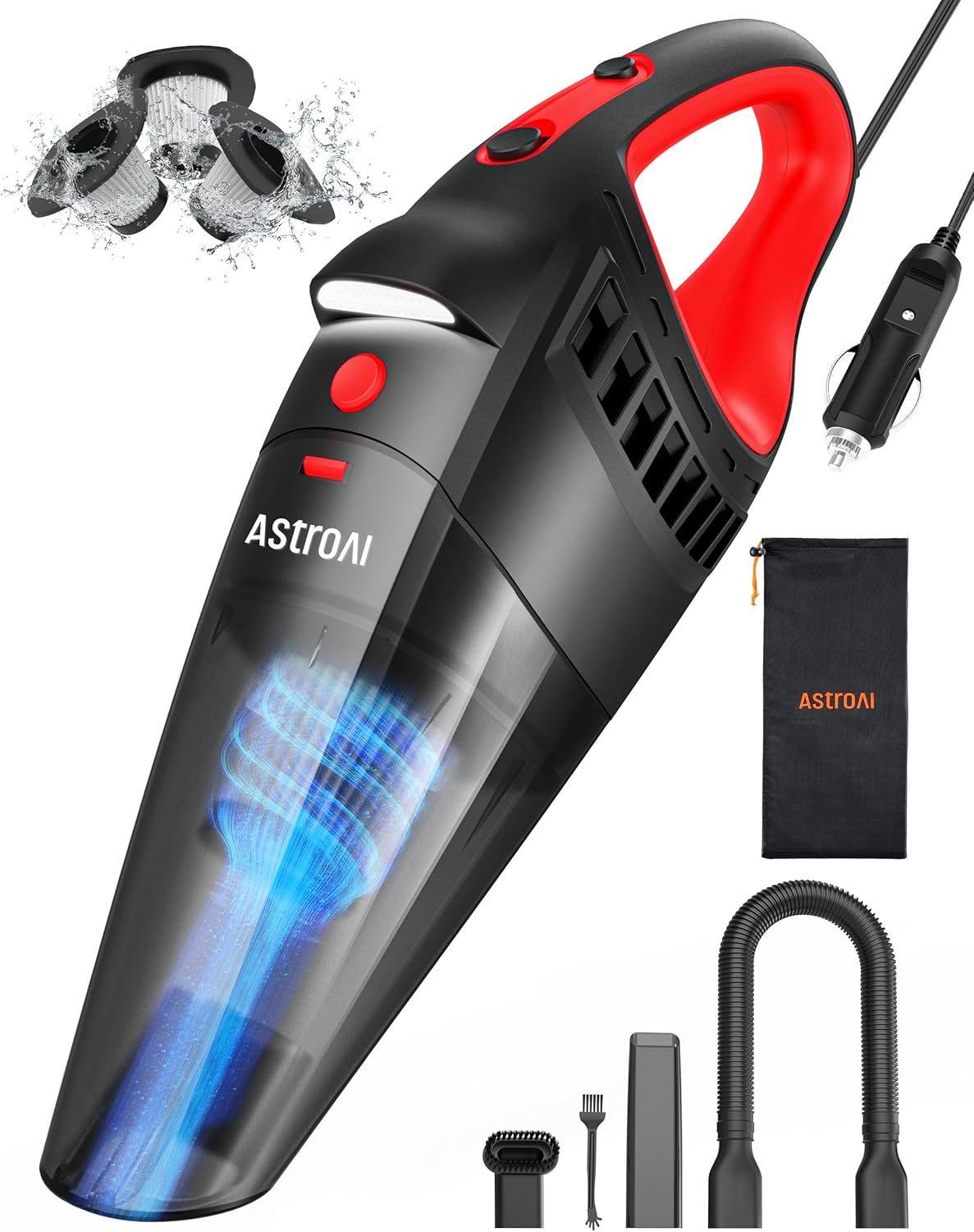 Car Vacuum and Accessories, Portable Handheld Mini Vacuum Cleaner with 12V DC Power, 16.4 Ft Cigarette Lighter Cord, LED Light, Cleaning Kit with 3 Filters for Quick Cleaning for Car(Red)