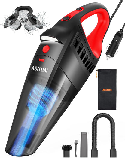 Car Vacuum and Accessories, Portable Handheld Mini Vacuum Cleaner with 12V DC Power, 16.4 Ft Cigarette Lighter Cord, LED Light, Cleaning Kit with 3 Filters for Quick Cleaning for Car(Red)