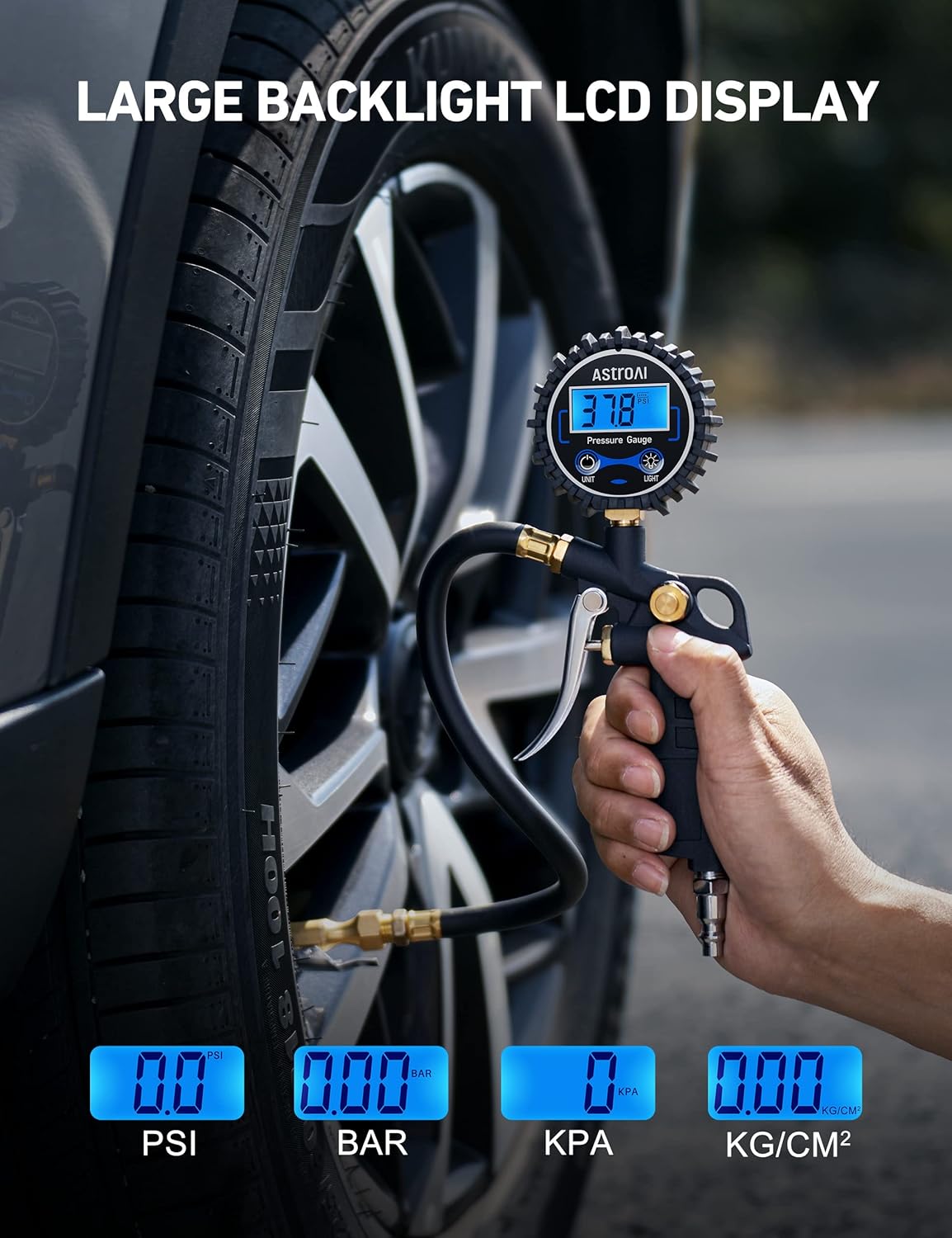 Digital Tire Pressure Gauge with Inflator, 250 PSI Air Chuck & Compressor Accessories Heavy Duty with Quick Connect Coupler, 0.1 Display Resolution, Car Accessories, 2Pack