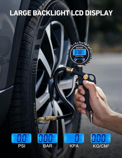 Digital Tire Pressure Gauge with Inflator, 250 PSI Air Chuck & Compressor Accessories Heavy Duty with Quick Connect Coupler, 0.1 Display Resolution, Car Accessories, 2Pack