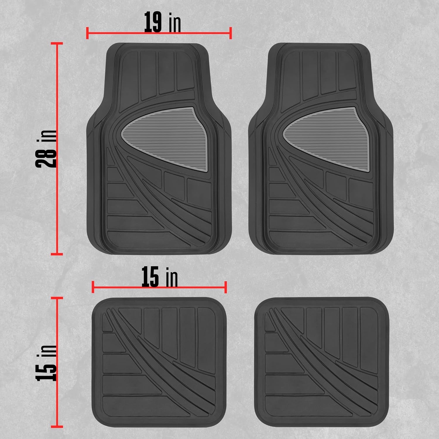 Two-Tone Black/Beige Focus Rubber Car Floor Mats for Autos SUV Truck & Van - All-Weather Waterproof Protection Front & Rear Liners, Trim to Fit Most Vehicles
