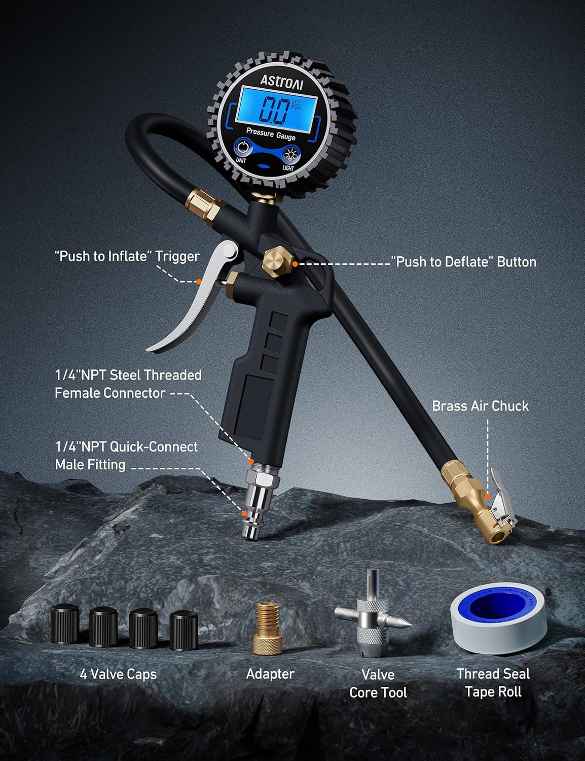 Digital Tire Pressure Gauge with Inflator, 250 PSI Air Chuck & Compressor Accessories Heavy Duty with Quick Connect Coupler, 0.1 Display Resolution, Car Accessories, 2Pack