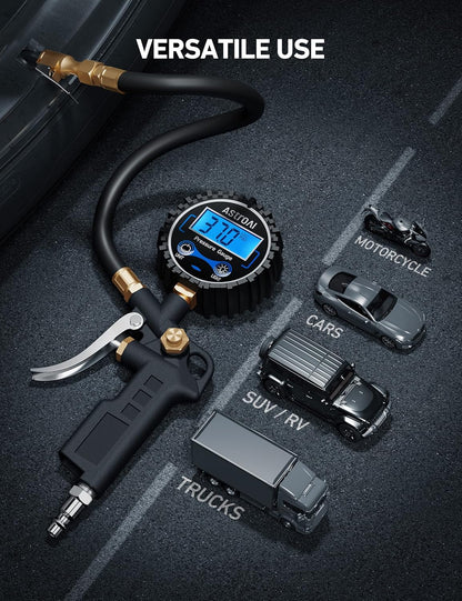 Digital Tire Pressure Gauge with Inflator, 250 PSI Air Chuck & Compressor Accessories Heavy Duty with Quick Connect Coupler, 0.1 Display Resolution, Car Accessories, 2Pack