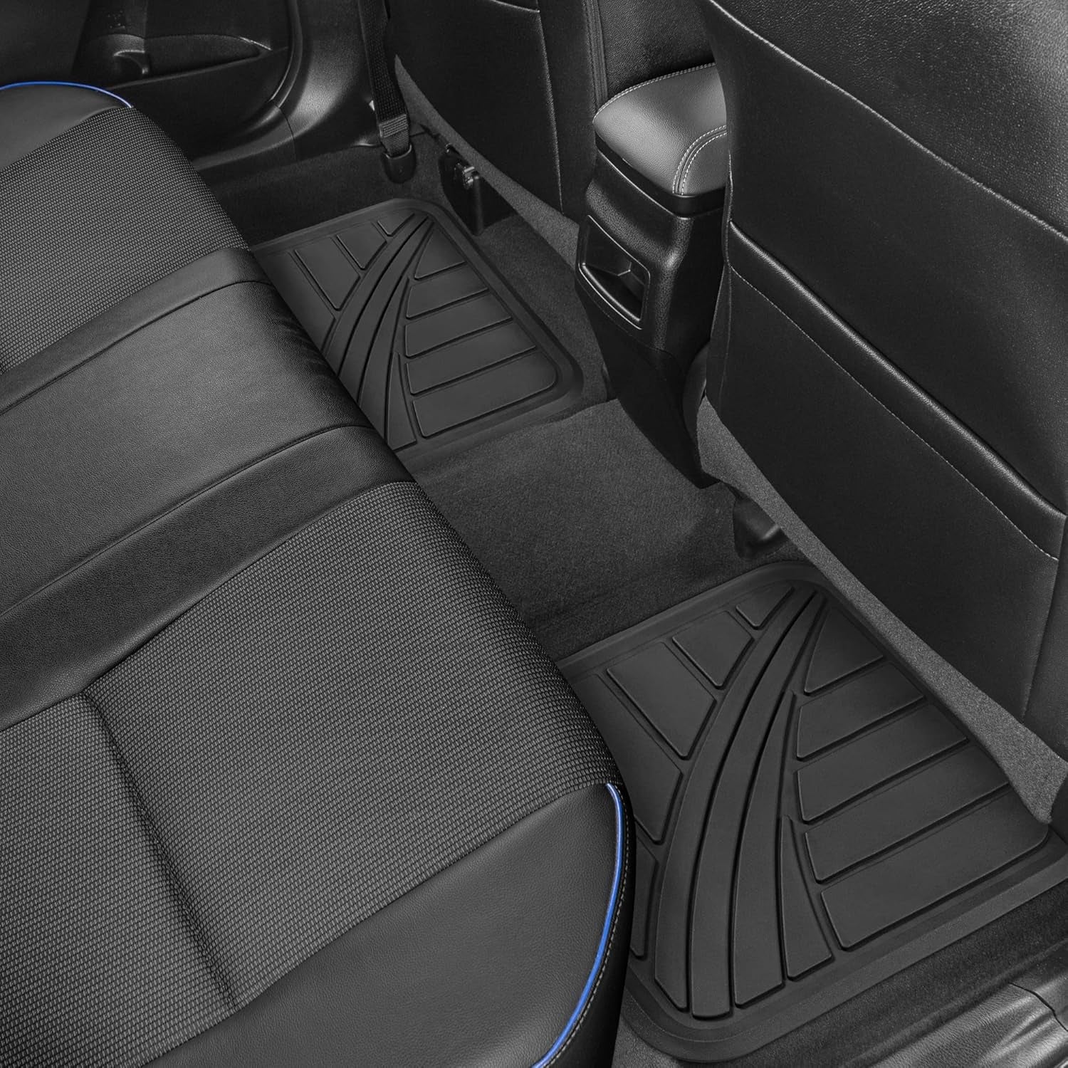 Two-Tone Black/Beige Focus Rubber Car Floor Mats for Autos SUV Truck & Van - All-Weather Waterproof Protection Front & Rear Liners, Trim to Fit Most Vehicles