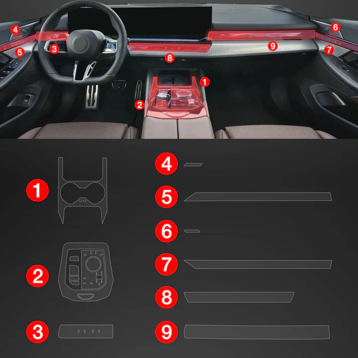 9in1 Car Interior Center Console Scratch-Resistant TPU Anti-Fingerprint Protective Film for BMW 5 G60 (2023-2024) Matt