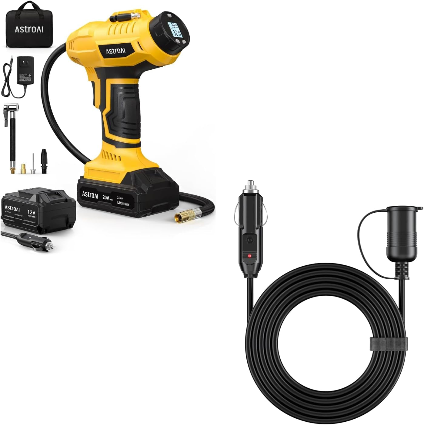 Cordless Tire Inflator Air Compressor Yellow and Cigarette Lighter Extension Cord 12Ft/12V/120W/15A